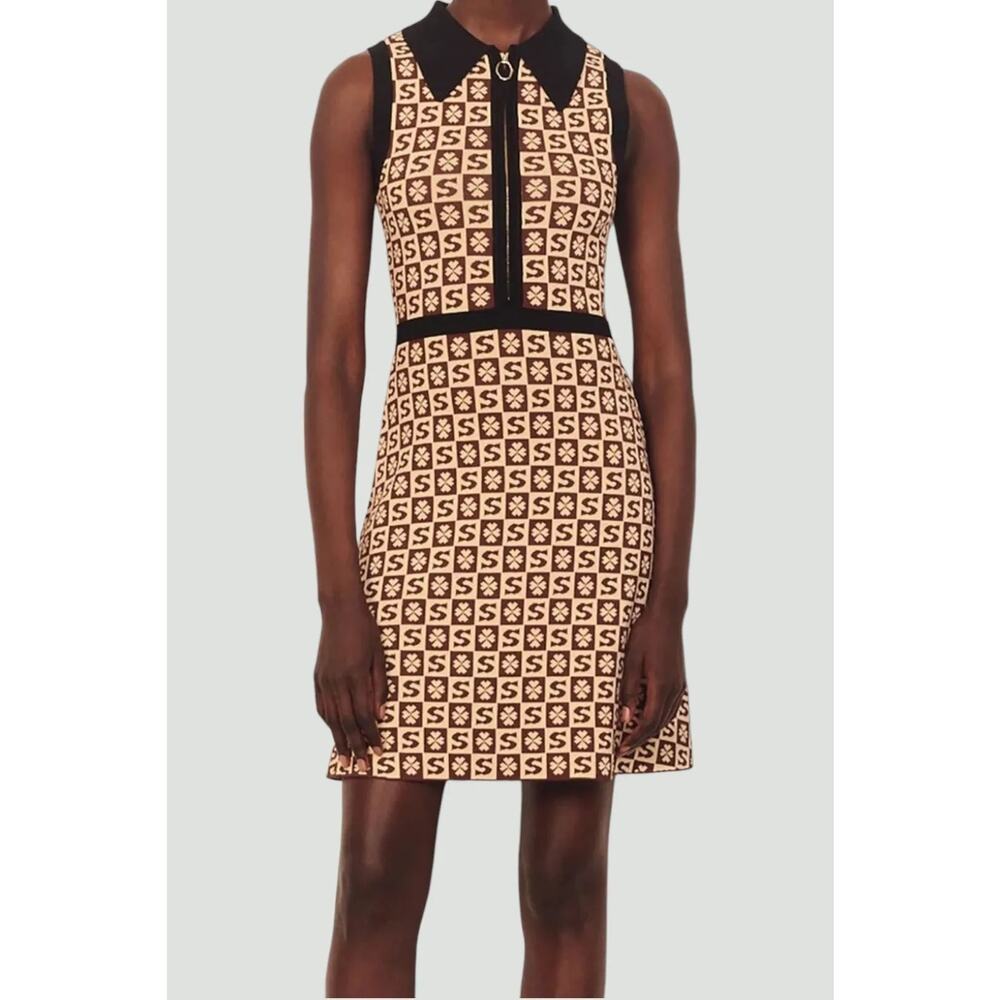 Sandro Paris Sleeveless Jacquard Polo Mini Dress - Monogram Logo, Sz XS - Picture 2 of 10